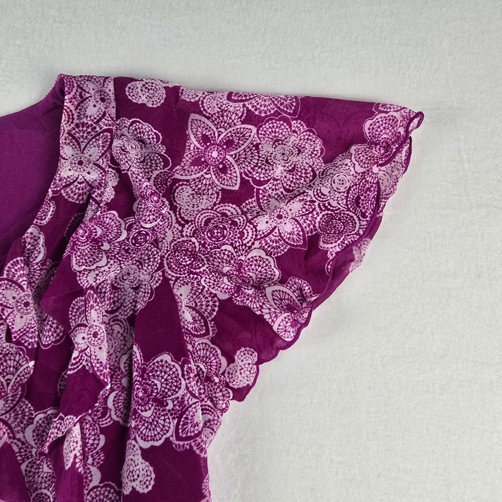 Elle Ruffle Front Blouse Womens 1X Purple Floral Flutter Sleeve V-Neck Top Plus - Picture 4 of 9